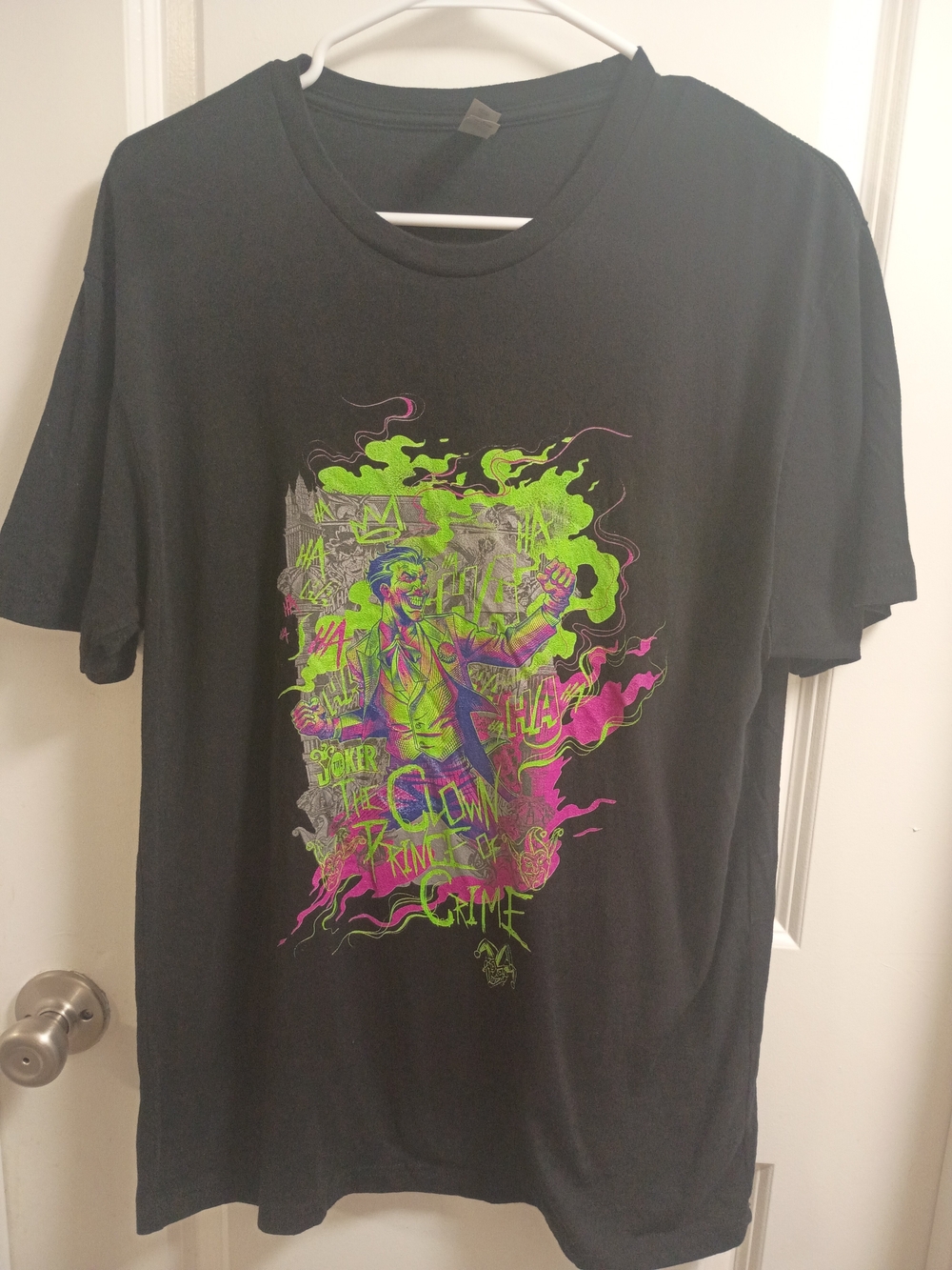 Next Level Apparel Joker Black Tee with Neon Green & Pink Graphic